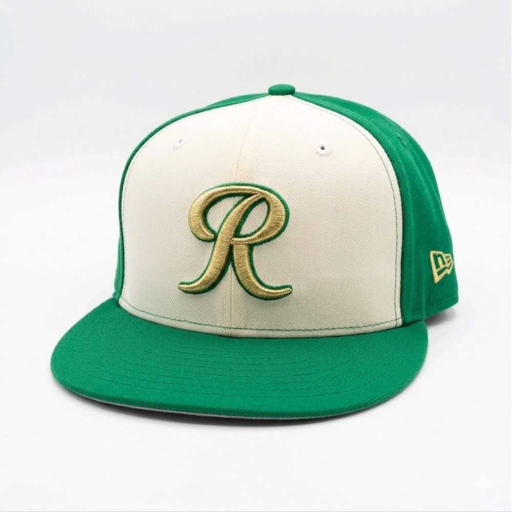 New Era 59FIFTY Fitted Hat Green Cream Gold Rainier Logo Baseball Cap Size 7 5/8